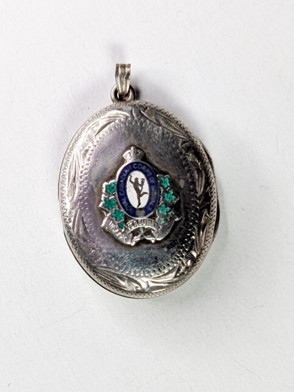 Antique of vintage sterling silver and enamel locket, Canadian Corps of Signals.